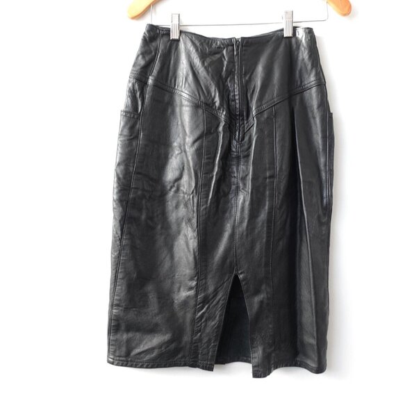 Black‎ Leather Skirt XS Pencil Midi Zip Back Genuine Edgy Punk Rock Corpcore - Picture 7 of 11